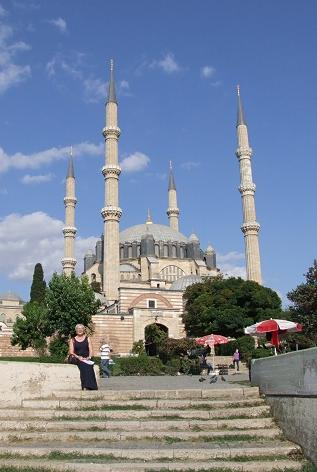 Dee Masters in front of mosque in Turkey.
