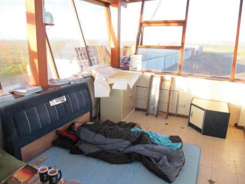 Sleeping in the control tower, Saldahna Bay airfield, South Africa.