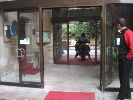 Driving into hotel courtyard.