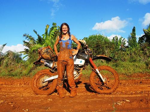 Tiffany Coates after the fall in mud, Madagascar.