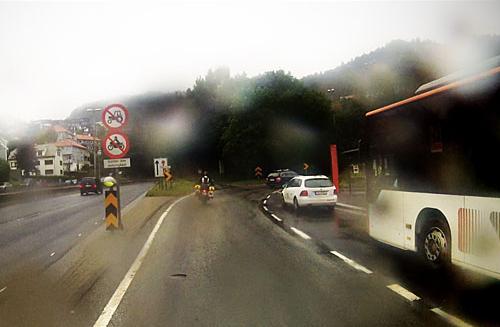 No motorcycles sign, Bryggen, Norway.