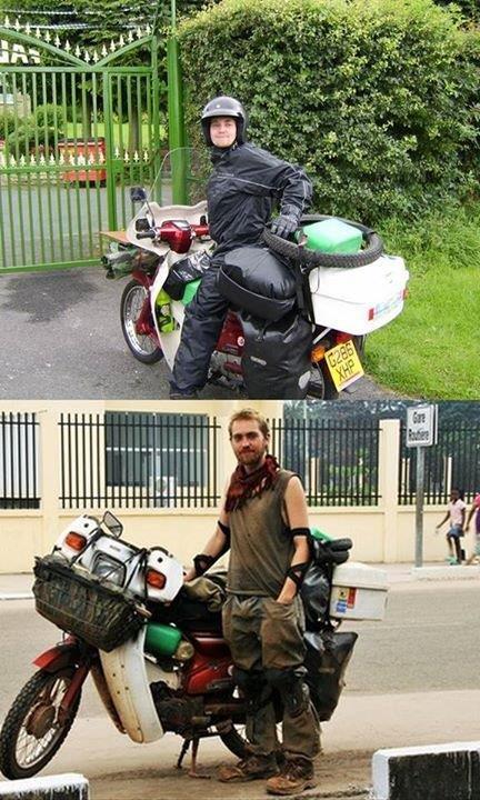 Liam Parkin, Before and After riding his Honda C90 into the heart of Africa.