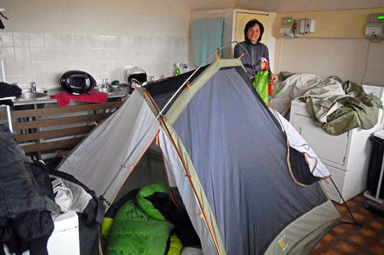 Gene and Neda camped in laundry room in RV park in Tralee, Ireland.