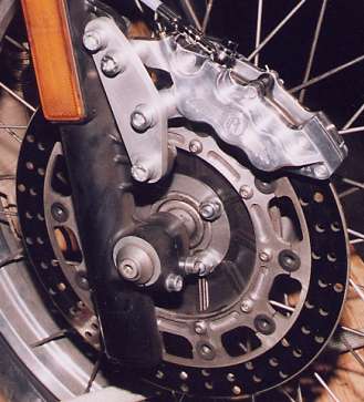 Performance Machine 6 piston caliper and M.A.P. Engineering 320mm disk on R100GS forks.